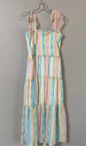 Aakaa NWT pastel rainbow smocked ruffle tiered shoulder tie midi dress Sz Large thumbnail 5