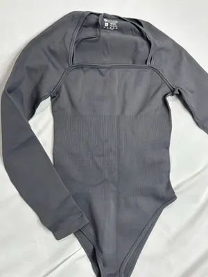OQQ Ribbed Long Sleeve Square Neck Bodysuit Grey Size S thumbnail 1