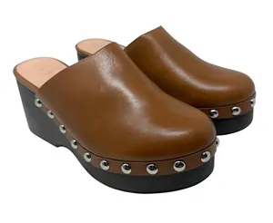J.Crew Slip-On Studded Platform Clogs Leather Brown Wood Wedge Heel Size 8.5 thumbnail 1