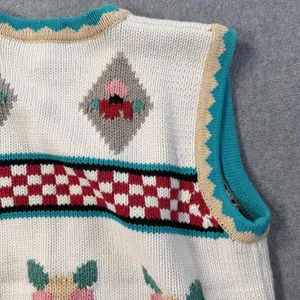 Vintage 1990 Susan Bristol Knit Sweater Vest Women's Large Floral Check V-Neck thumbnail 8
