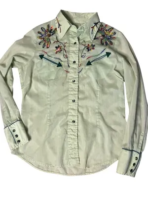 H BAR C Ranchwear California Western Shirt Green Embroidered Vintage 1970’s thumbnail 3