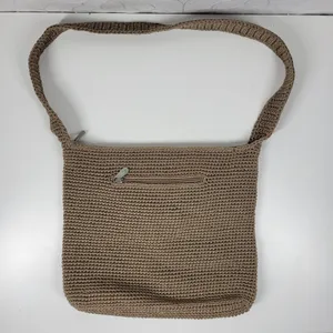 Vintage Sak Crochet Shoulder Bag 10" Dark Tan Nylon Ladies Handbag Pockets thumbnail 1