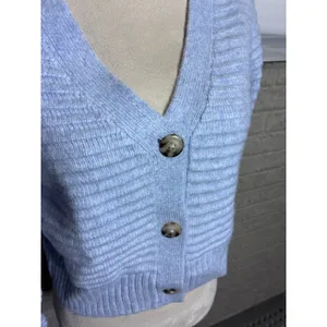 Happily Grey Light Blue Cropped Ribbed Knit V-Neck Cardigan Sweater Womens Small thumbnail 2