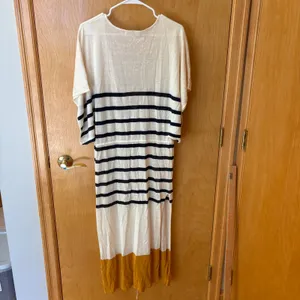 FRAME Striped Maxi Dress Womens S Cream Navy Mustard Linen Blend V-Neck Slit thumbnail 9