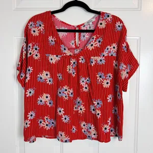 Madewell red stripe/ floral v-neck blouse size Large thumbnail 1