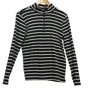 LL Bean Women Top M Navy‎ White Striped Mock Neck Cotton Shirt Preppy Coastal thumbnail 1