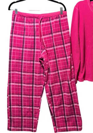ZENista Pink Plaid Fleece Pajama Set Waffle Henley Top & Pants‎ L Long Sleeve thumbnail 1