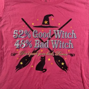 Women’s Large Pink Halloween Witch Graphic T-Shirt 52% Good Witch 48% Bad Witch thumbnail 3