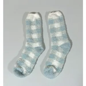 Blue White Pastel Plaid Checkered Plush Fuzzy Winter Socks Hosiery ❄️ thumbnail 3