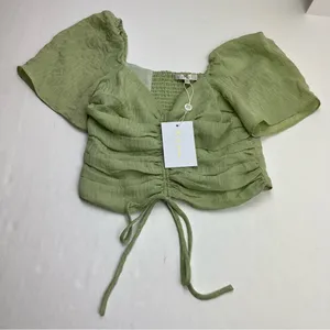 WAYF Secrets Kept Gathered Flutter Sleeve Top‎ XS Green Coquette NEW *TINY FLAW thumbnail 2