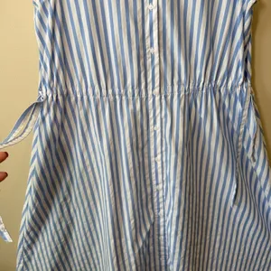 Blue White Striped Sleeveless Button Front Drawstring Midi Dress XL Coastal thumbnail 8