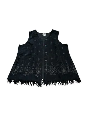 Vintage Black Faux Suede Vest Fringe Hem Embroidered Boho Western Festival thumbnail 2
