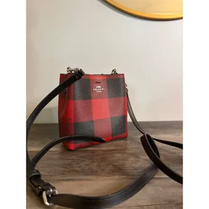 Coach Mini Town Bucket Bag Buffalo Plaid Red Black Crossbody C1548 thumbnail 3