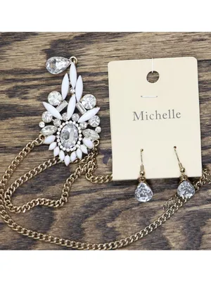 NWT Michelle Pendant Teardrop Earring Necklace Set Gold / White 17" + 2" thumbnail 4