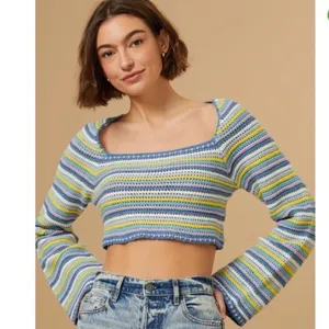 Altar'd State Womens Striped‎ Crochet Knit Cropped Sweater Blue Purple Yellow M thumbnail 2