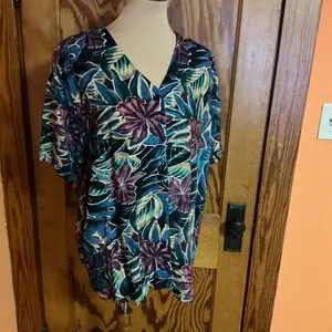 Vtg 80s Bright Tropical Flowers Blouse Blue Size L thumbnail 6