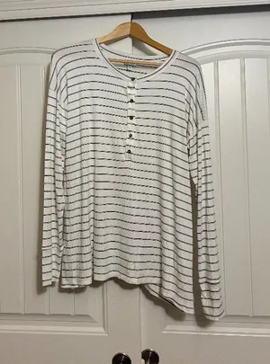 Peyton Jensen Henley Top Large White Striped Long Sleeve Rayon Blend Classic thumbnail 1