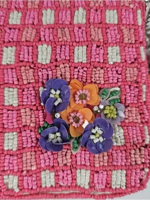 NWT India handcrafted Viral Beaded Pink Quilted Purple Flowers Checkered Bag thumbnail 5