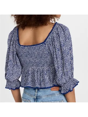 Free People Brittnee Print Smocked‎ Peplum Crop Top Blue Combo Size Small thumbnail 3