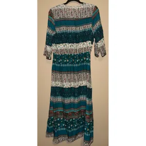 Womens Teal‎ Floral Patchwork Boho Button Front Maxi Dress XXL Drawstring Artsy Blue thumbnail 7