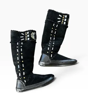Tory Burch Moccasin Boots 8 Black Suede Crystal Rhinestone Tall Boho Sherpa thumbnail 1