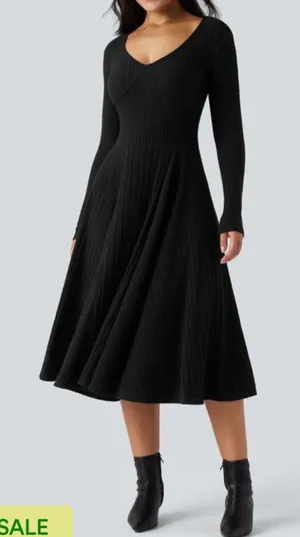 Halara V Neck Ribbed Long Sleeve Flare Midi Casual Pockets Dress Black M NWT thumbnail 1