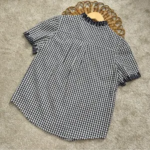 J.Crew Embroidered Indigo Crinkled Gingham Short Sleeve Navy White Top Cotton XS thumbnail 10