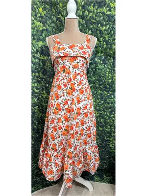 Boutique Floral Garden Party Midi Dress Tie Back Ruffle Hem Cotton Size Medium thumbnail 11