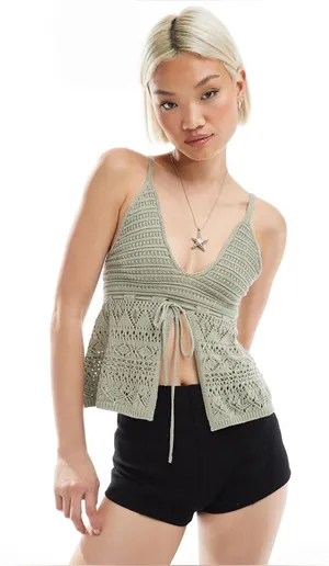 NWT Zara Bershka Tie Front Crochet Top thumbnail 1