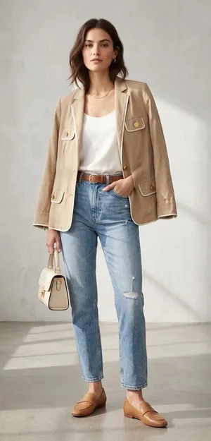 Club Monaco Womens Tan Cotton Silk Utility Safari‎ Blazer Jacket Gold Buttons 4 thumbnail 1