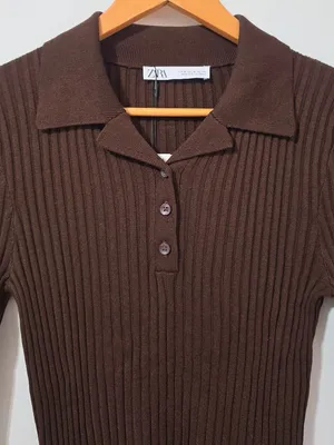 Zara Ribbed Knit Polo Top Long Sleeve - Brown - Size M - 3471 thumbnail 3