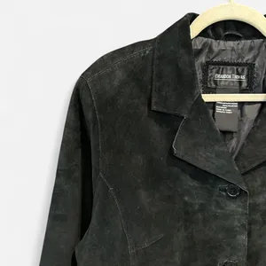 Y2K Black Suede Leather Jacket Oversized French Chic XL thumbnail 5