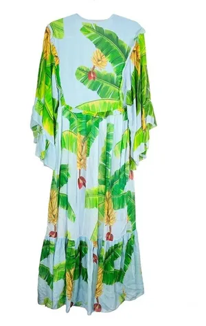 Farm Rio Fresh Bananas Butterfly Sleeve Maxi Dress Light Blue Green Size XS NWT thumbnail 6