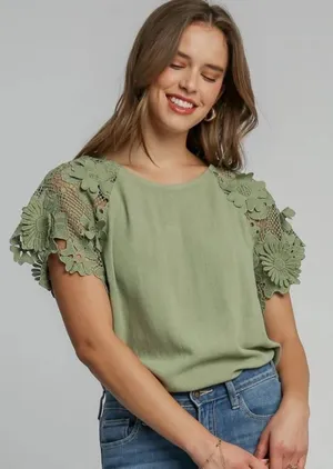 Umgee 3D Floral Lace Sleeve Olive Green Linen Cotton Short Sleeve Top thumbnail 1