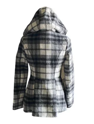 Aeropostale Beautiful black and white plaid hooded pea coat thumbnail 6