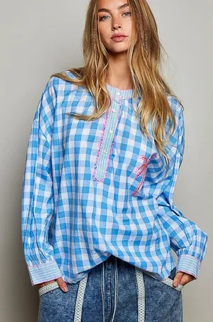 POL Gingham Embroidered Palm Tree Blouse - Large thumbnail 1