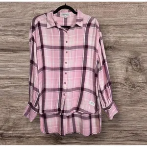 Frye & Co Western Plaid Button Down Shirt Top MEDIUM Boyfriend Purple Pink NWOT thumbnail 2