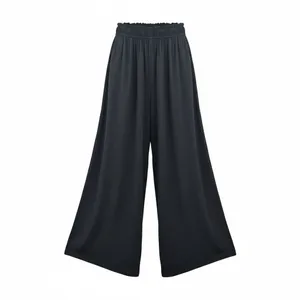 Black Wide Split Flowy Straight Beach Vacation Lounge 90s Pullon Boho Pants XS‎ thumbnail 4