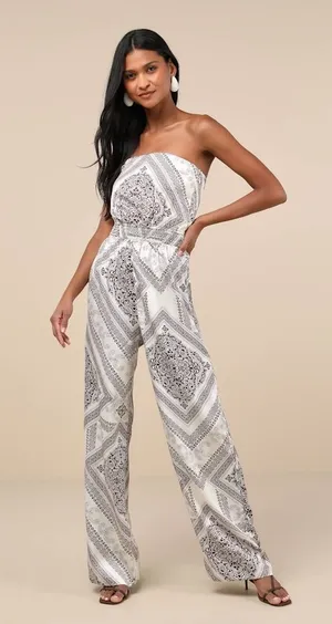 NWT Lulus Western Direction Ivory Scarf Print Satin Strapless Jumpsuit Cruise L thumbnail 1
