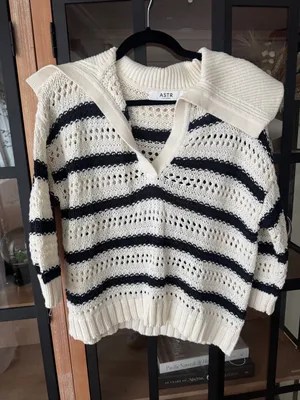 ASTR Striped Open Knit Polo Sweater top short sleeve crochet coverup collar thumbnail 2