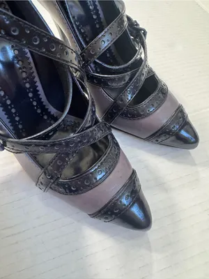 Tory Burch Judith Black Grey Leather Strappy Stiletto Heels Womens 6.5 Pointed thumbnail 5