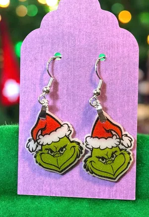 Grinch Wearing Santa Hat Christmas Dangle Pierced Earrings New Gift thumbnail 1