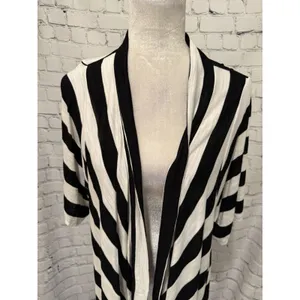 Chico’s Cardigan Lightweight Knit Black & white Stripe 3/4 Sleeve High low 3 XL thumbnail 2