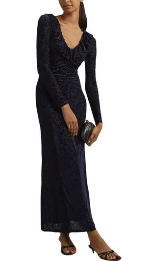 By Anthropologie Velvet Ruched Maxi Dress Navy thumbnail 1
