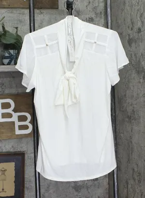 Ny Collection Short Sleeve Knit Top with Chiffon Shoulders Ivory Off White 1X thumbnail 1