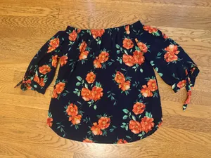 Off-Shoulder Navy Floral Women's Top with Orange Blooms size M thumbnail 7