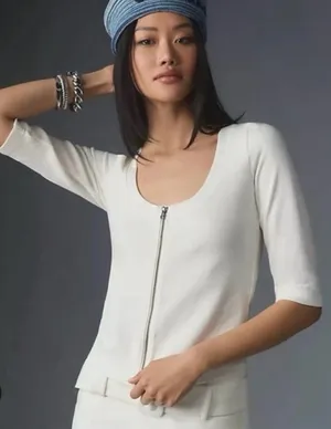 Maeve x Anthropologie White Zip Front Scoop Neck Top Size Medium. thumbnail 1