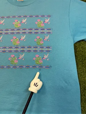 Vintage Fruit of the Loom Single Stitch Blue Babydoll T-Shirt Hummingbird Cactus thumbnail 3