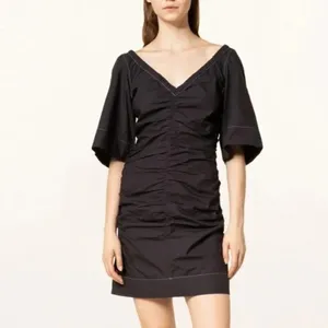 Ganni Cotton Black Ruched Dress 38 Medium Contrast Stitch thumbnail 3