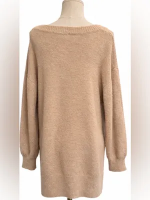 Adrienne Vittadini Oversized Tunic Sweater Beige Side Slit Large thumbnail 3
